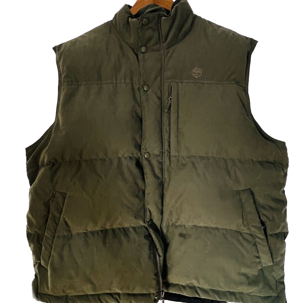 Timberland Down Vest Mens 2XL Stratham Issue Olive Green Puffer Zip Snap Pockets